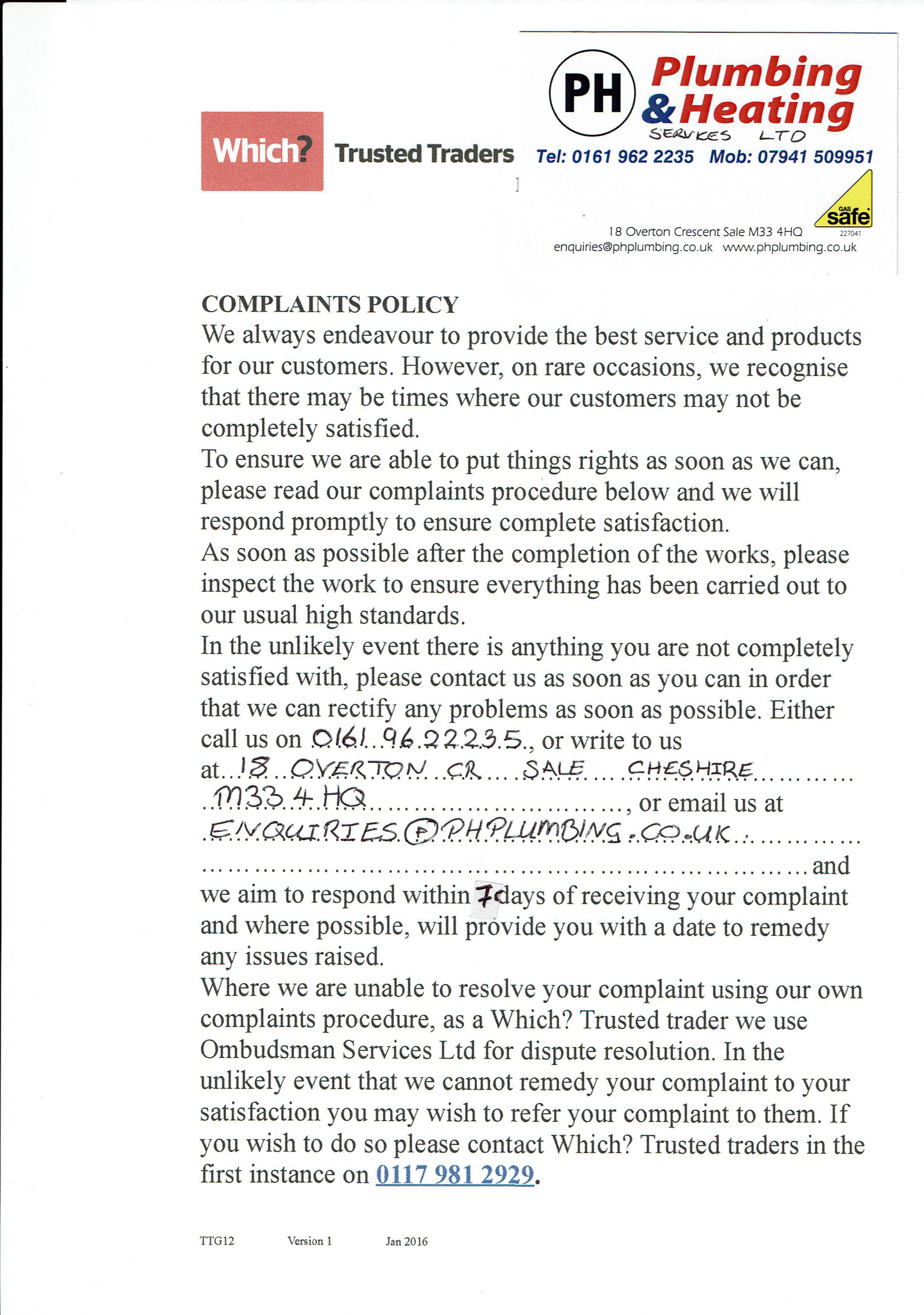 PH Plumbing Complaints Policy