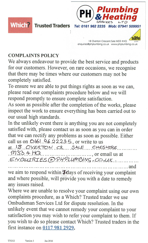 PH Plumbing Complaints Policy